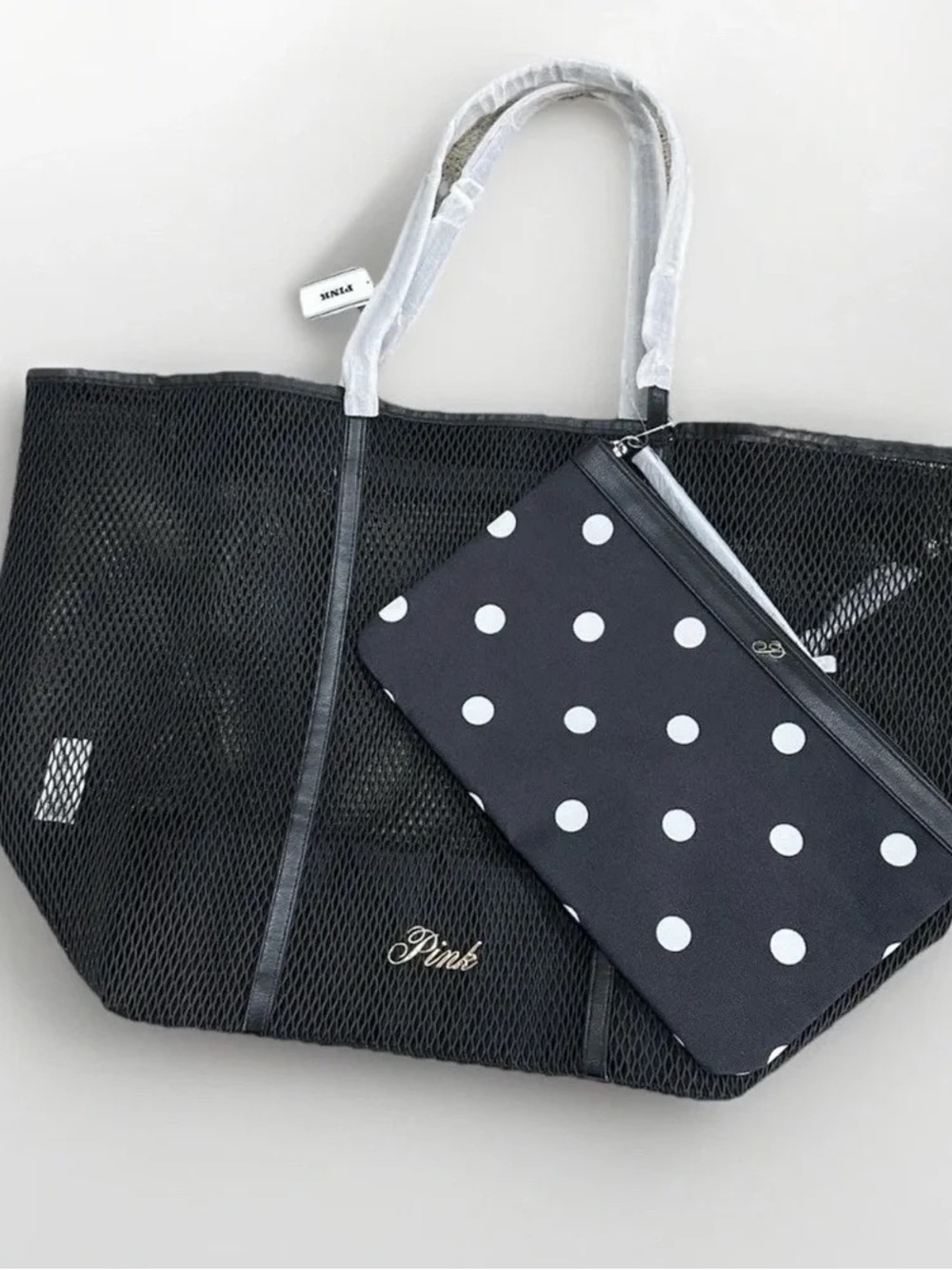 Victoria's Secret “Pink” - Black Mesh Tote with Black Polka Dot Pouch - NWT - Picture 2 of 5